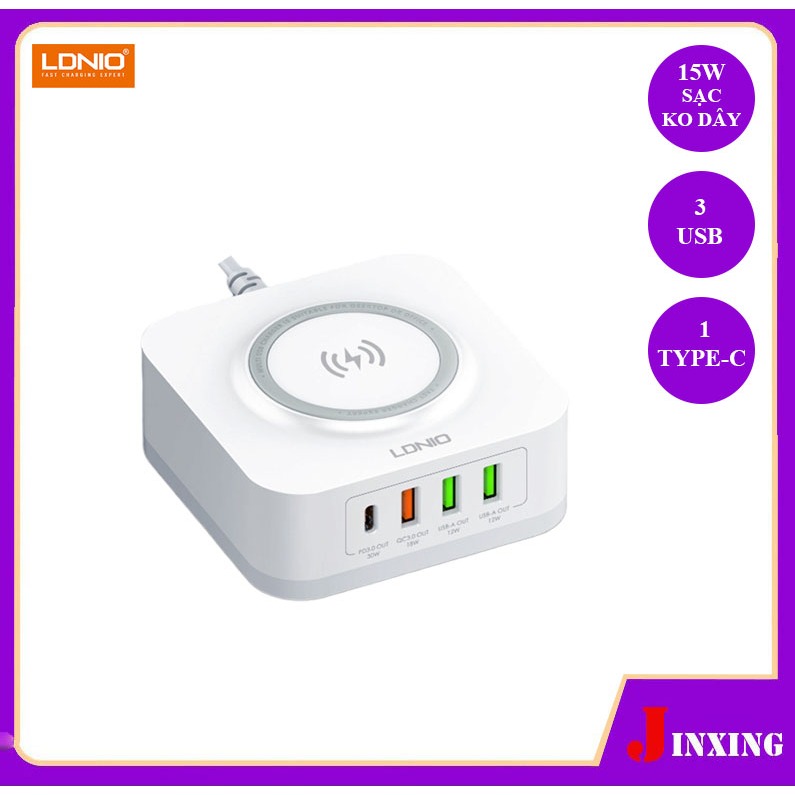 Bộ Sạc Không Dây, Sạc Nhanh Đa Thiết Bị 15W LDNIO AW004 Đa Năng Tích Hợp Cổng PD=30W + 3 Cổng USB QC