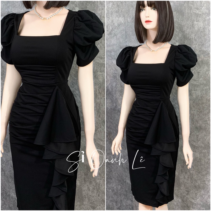 Đầm body cổ vuông thiết kế tay phồng size M, L, XL