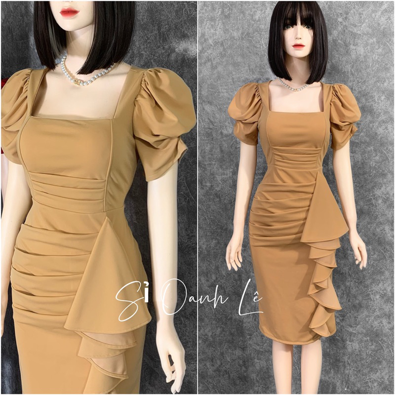 Đầm body cổ vuông thiết kế tay phồng size M, L, XL