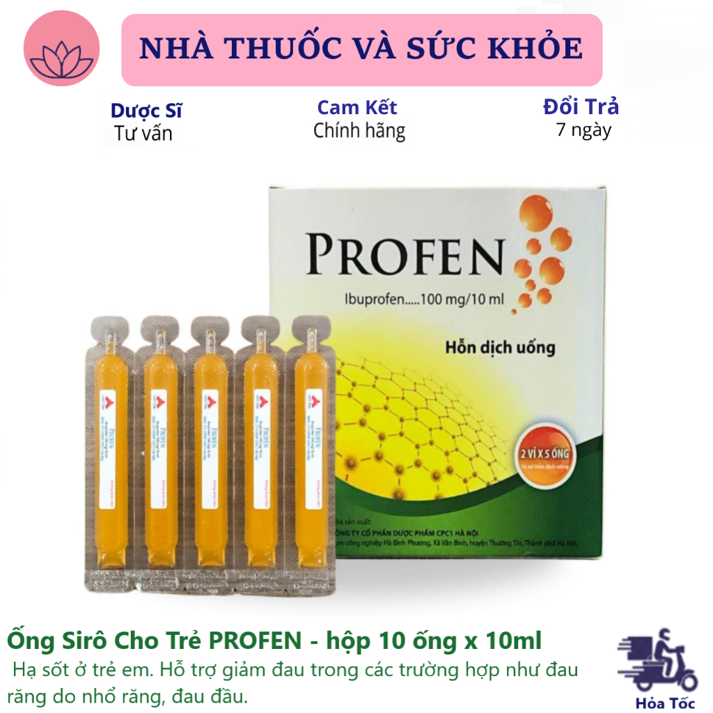PROFEN (Ibuprofen 100mg) - Ống Sirô Cho Trẻ Từ 1+ Tuổi | Hương cam dễ uống | (hộp 10 ống x 10ml)
