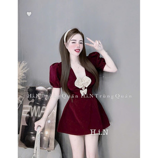 Đầm tay ngắn 2 nơ ngực chất nhung xoè tiểu thư
