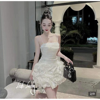 váy đi tiệc cưới sinh nhật 2 dây nhún phồng