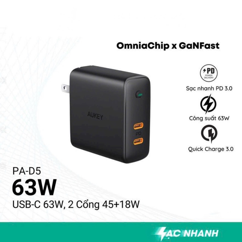Cóc sạc AUKEY 63w PA-D5 2 cổng C sạc nhanh (Hàng thương hiệu của Đức)