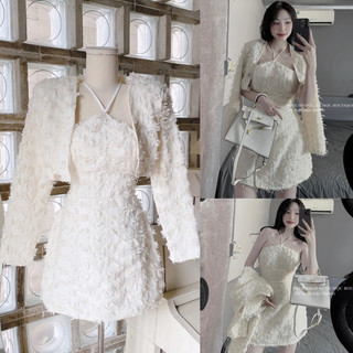 Set set đầm phối lông vũ dây cổ yếm kèm khoác crop |kèm ảnh sàn thật💯