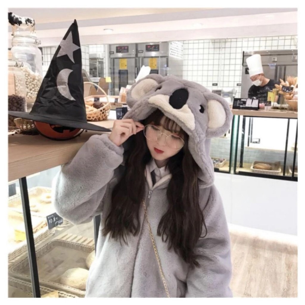Áo lông nữ thêu mặt gấu xám dáng rộng ulzzang hàn quốc, áo khoác lông mùa đông 2 mặt giữ nhiệt mềm mịn