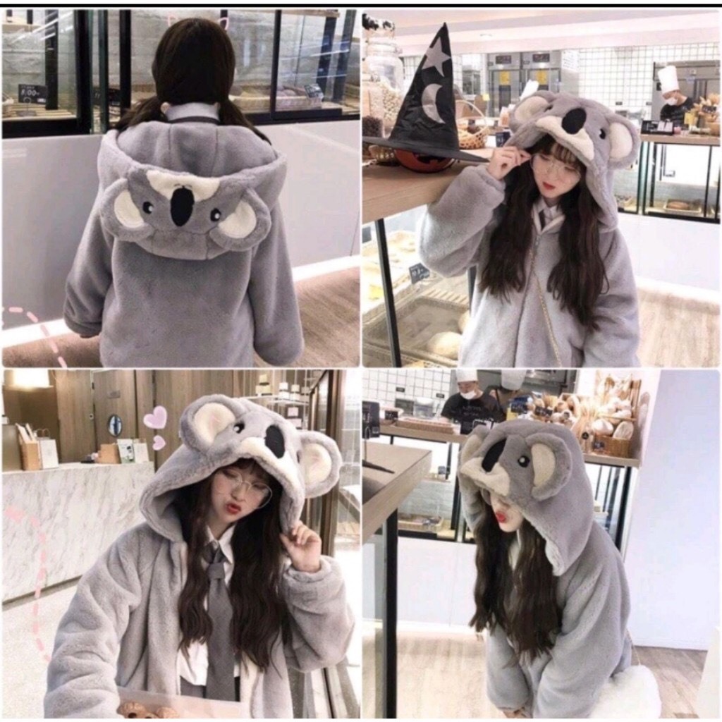 Áo lông nữ thêu mặt gấu xám dáng rộng ulzzang hàn quốc, áo khoác lông mùa đông 2 mặt giữ nhiệt mềm mịn
