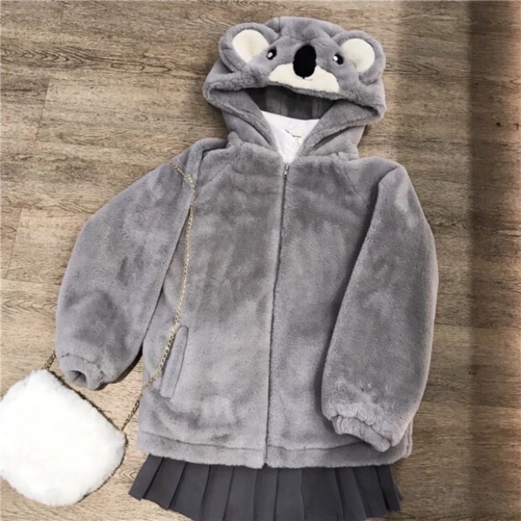 Áo lông nữ thêu mặt gấu xám dáng rộng ulzzang hàn quốc, áo khoác lông mùa đông 2 mặt giữ nhiệt mềm mịn