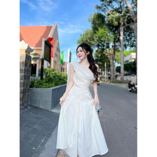Đầm thời trang nữ dự tiệc sang chảnh thiết kế lệch vai dáng dài xoè chất vải tapta phối voan