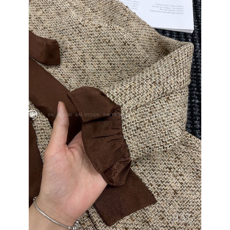 Set đồ dạ nữ công sở tiểu thư sang chảnh thanh lịch áo khoác cổ nơ phối chân váy đuôi xếp ly bèo thiết kế sang trọng LEV