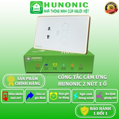 Công Tắc Cảm Ứng Wifi Hunonic, Công Tắc Kèm Ổ Cắm Thông Minh Hình Chữ Nhật Có Viền 2IN1 - HN02SMC