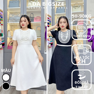 DA BIGSIZE - Đầm Nữ Bigsize , Váy Bigsize Nữ Cổ Tròn Phối Ngực Chất Tuyết Mưa Xịn Sò Dành Cho Người Mập 50-90kg