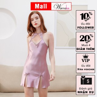 Đầm ngủ lụa WANNABE DNS43 váy ngủ 2 dây cổ yếm lưng phối ren xinh xắn làm tăng nét nữ tính quyến rũ