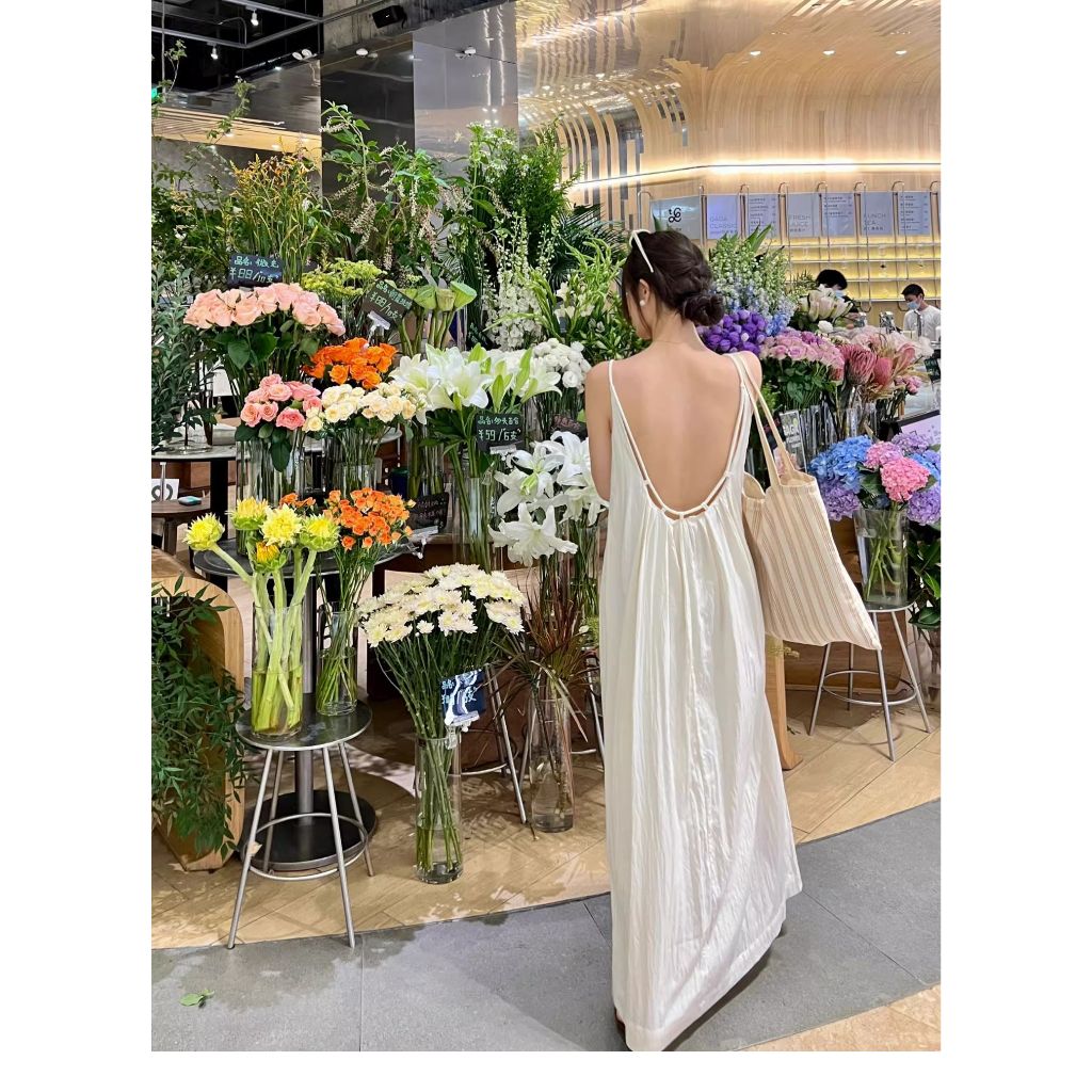 Váy maxi màu kem võng lưng basic - MS170