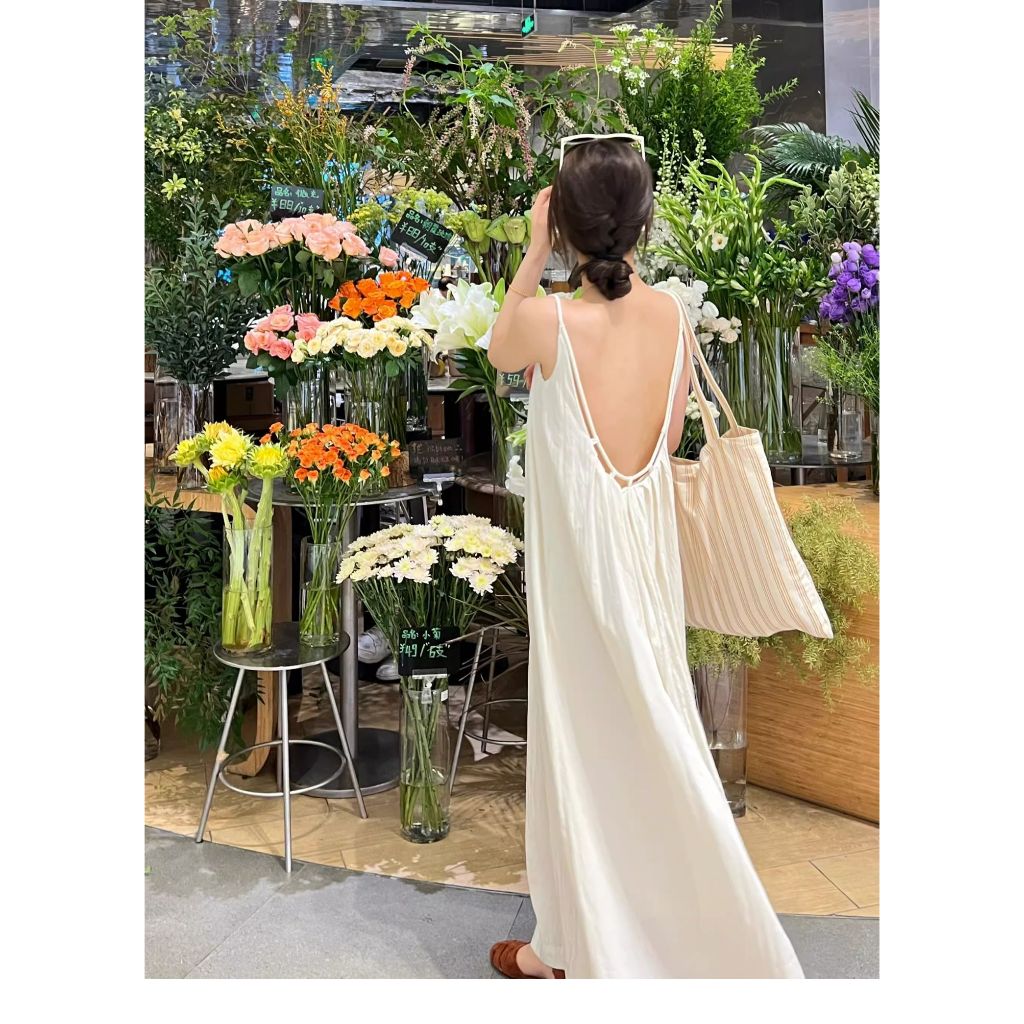 Váy maxi màu kem võng lưng basic - MS170