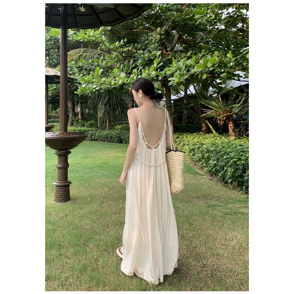 Váy maxi màu kem võng lưng basic - MS170