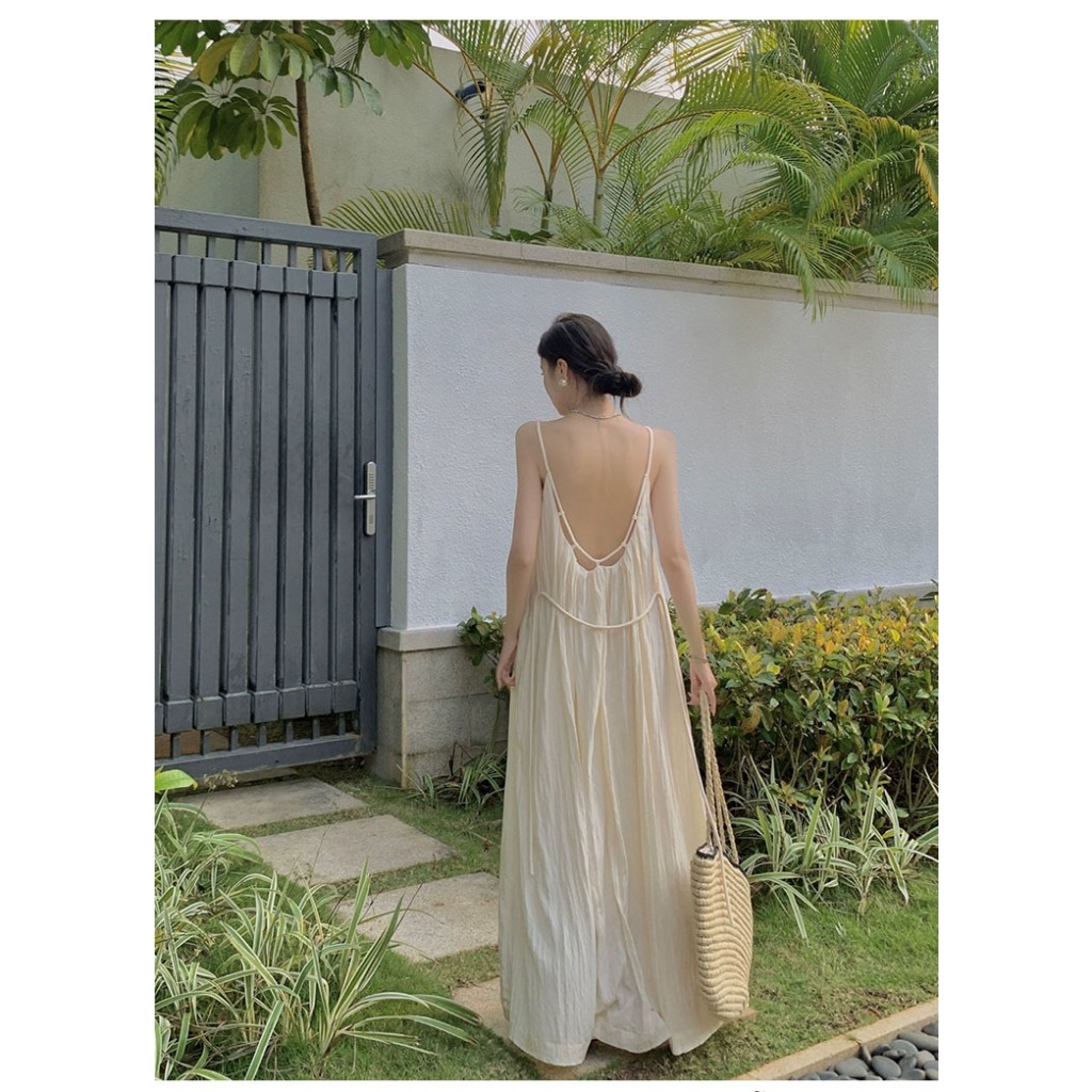 Váy maxi màu kem võng lưng basic - MS170