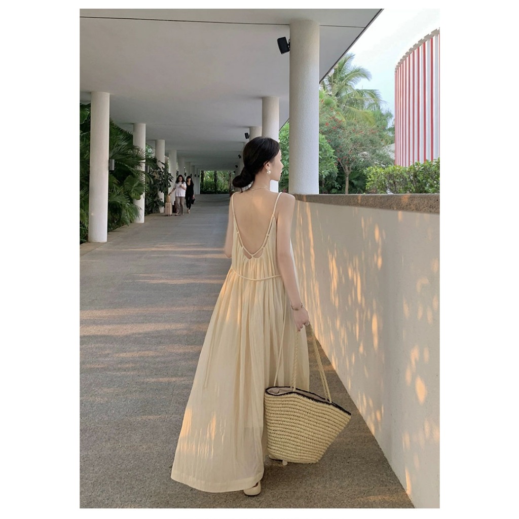 Váy maxi màu kem võng lưng basic - MS170
