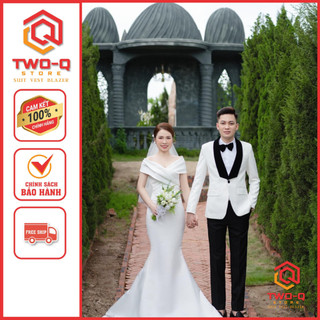Bộ vest nam Tuxedo mặc ngày cưới Màu Trắng Ve Sam Phối Phi Chuẩn Form cao cấp full size