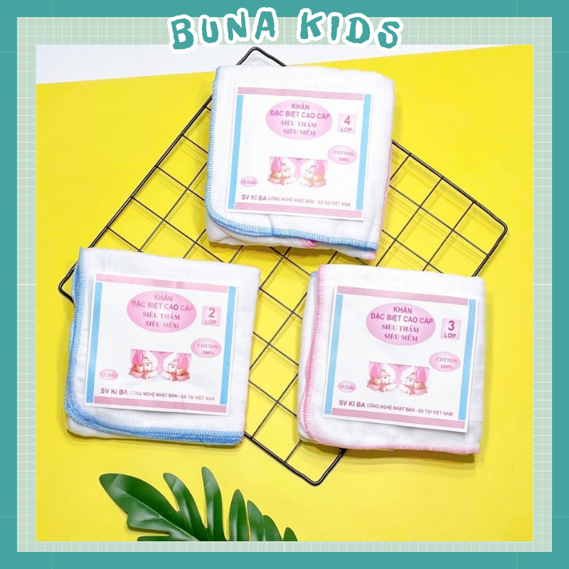 Khăn sữa cho bé, khăn xô cho bé kiba siêu mềm cho bé 2 lớp, 3 lớp, 4 lớp 1 set 10 cái 25x25cm bunakids KS02