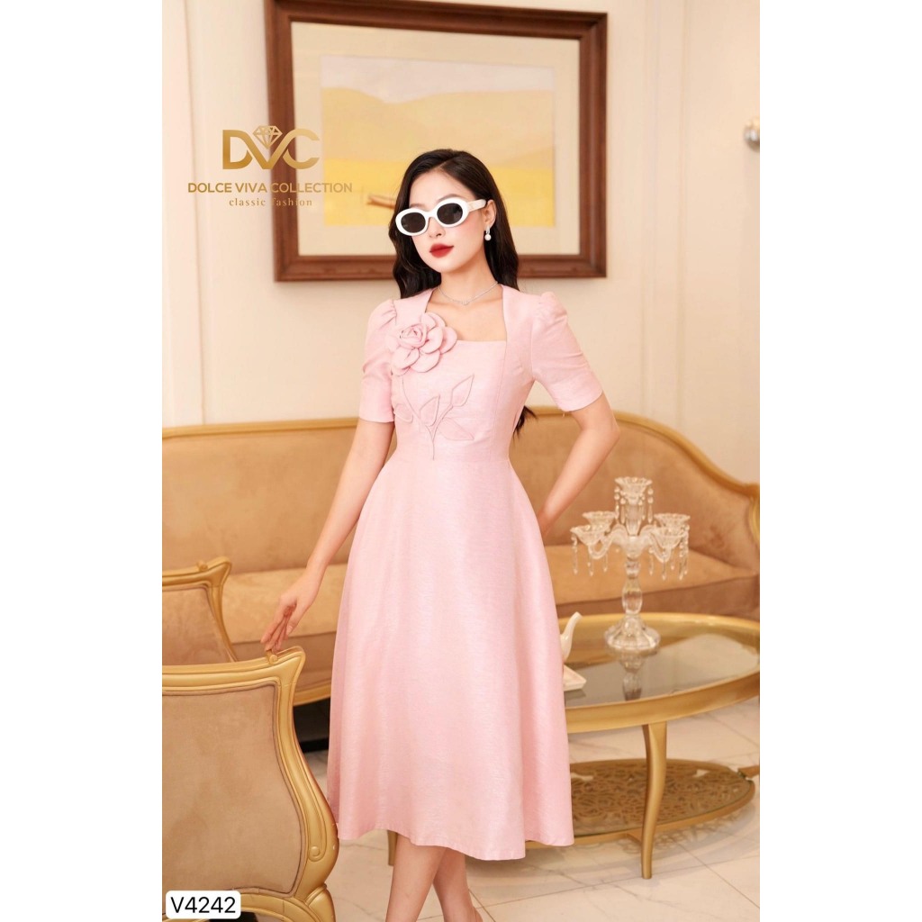 V4242 Váy hồng cổ vuông đính nơ nữ  váy thiết kế dự tiệc đi làm đi chơi xinh xắn