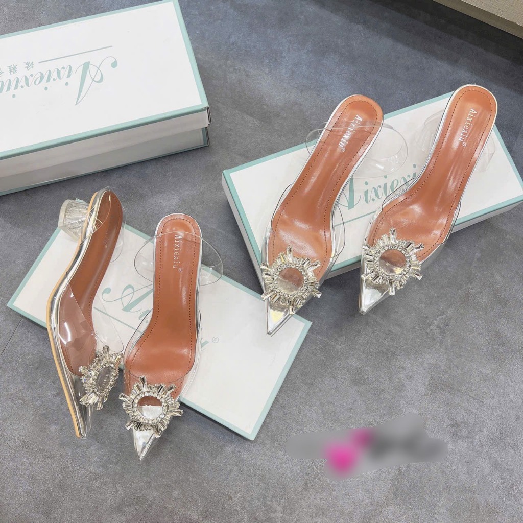 Sandal gót 3 phân mica hoa đá mặt trời fullbox túi giấy