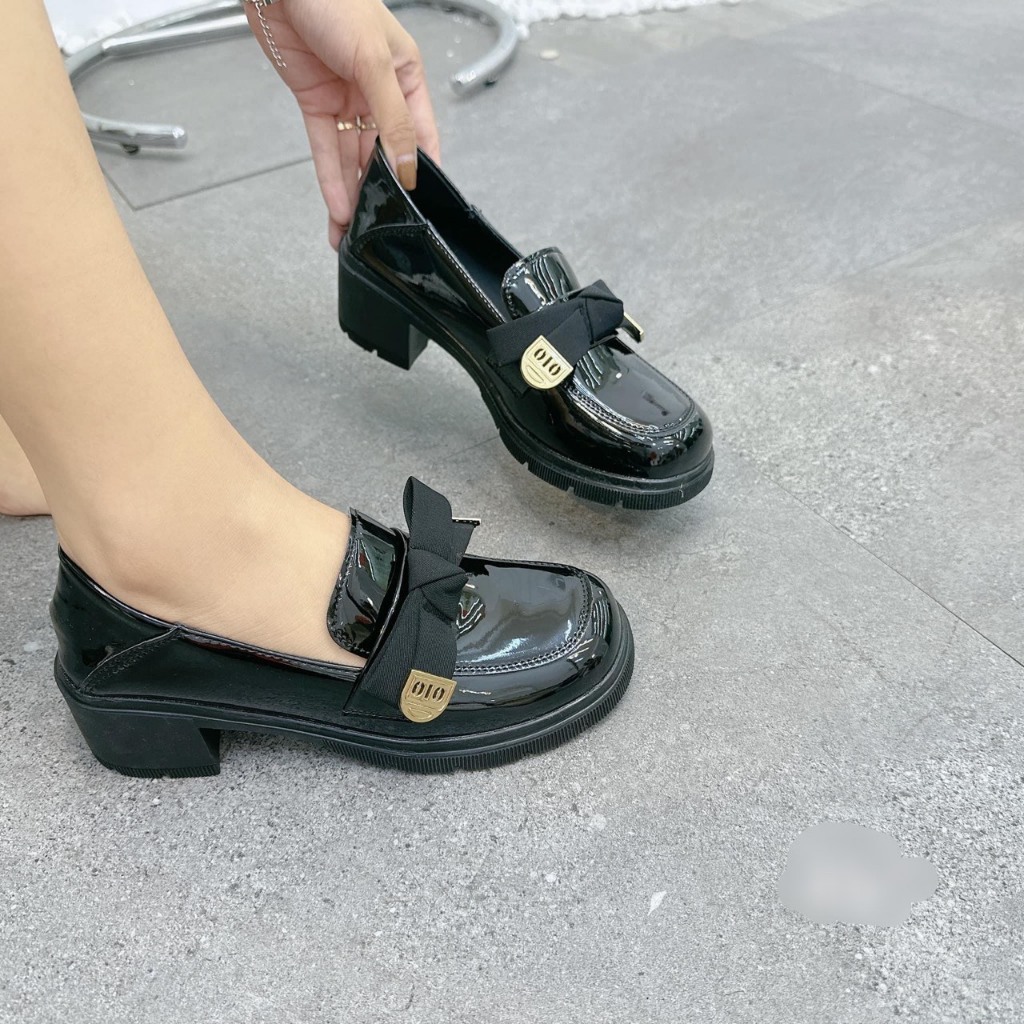Giày da lười nơ nữ mũi tròn phong cách da cao cấp