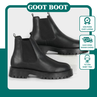 Giày Boot Nam Chunky Chelsea Boots Cổ Cao Mũi Tròn, Giày Bốt Da Cao Cổ Da Bóng Đế Tăng Chiều Cao 5cm