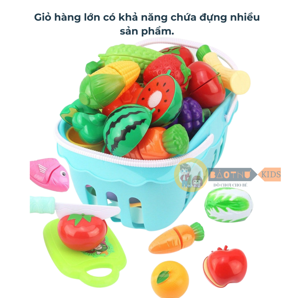 Đồ Chơi Cắt Hoa Quả Và Rau Củ 30 Chi Tiết Bằng Nhựa ABS An Toàn, Bộ Đồ Chơi Giỏ Cắt Trái Cây - Bảo Thư Kids