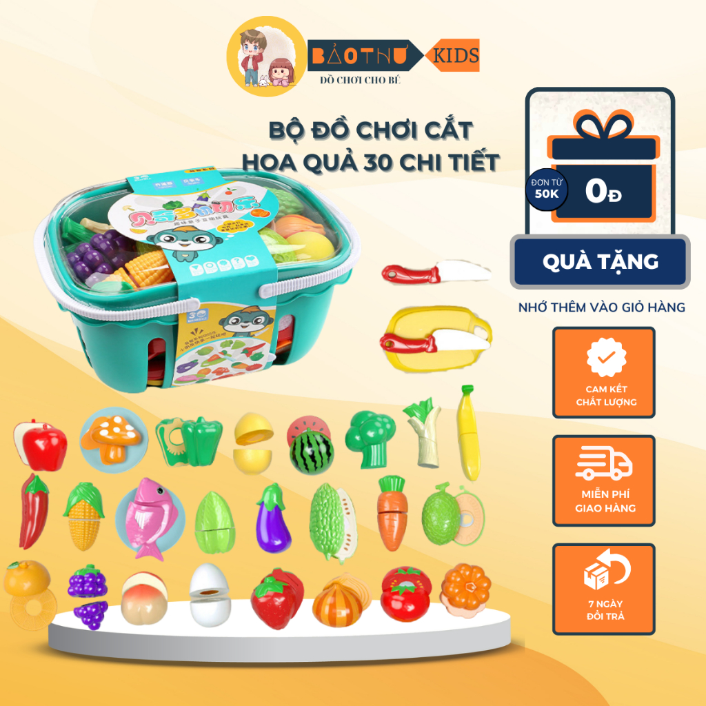 Đồ Chơi Cắt Hoa Quả Và Rau Củ 30 Chi Tiết Bằng Nhựa ABS An Toàn, Bộ Đồ Chơi Giỏ Cắt Trái Cây - Bảo Thư Kids