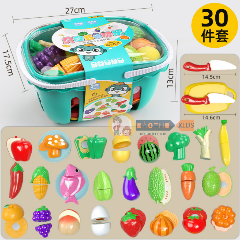 Đồ Chơi Cắt Hoa Quả Và Rau Củ 30 Chi Tiết Bằng Nhựa ABS An Toàn, Bộ Đồ Chơi Giỏ Cắt Trái Cây - Bảo Thư Kids