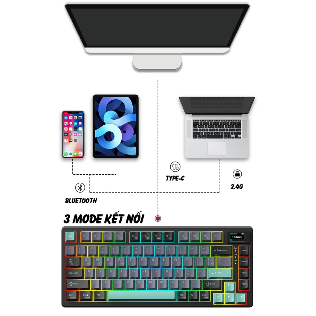 Bàn Phím Cơ MONKA Bluetooth 3075 Không Dây ver2 - 3 mode - Mạch xuôi - Led RGB - Màn LED - Hỗ trợ Mac , Laptop