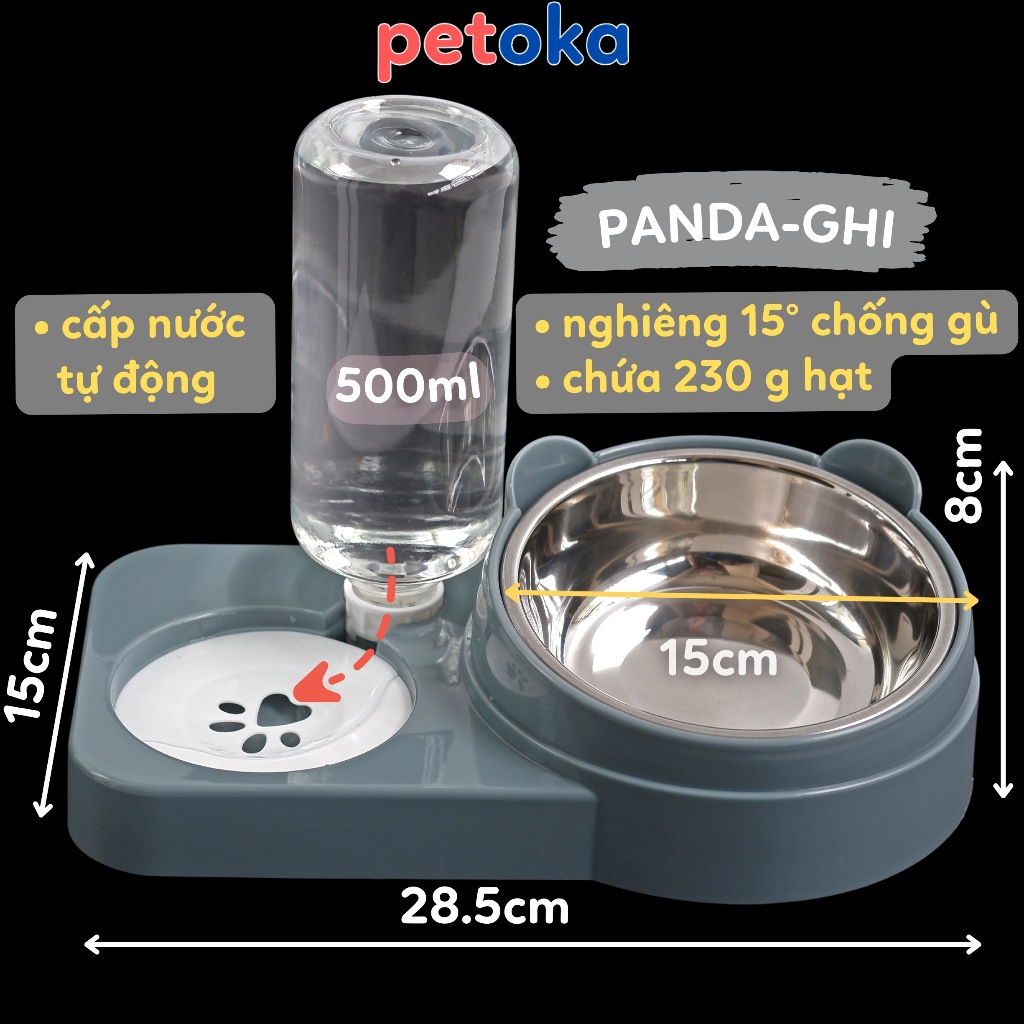 Bát ăn cho mèo chó thú cưng có bình nước tự động bát inox hai ngăn đôi hình tai mèo