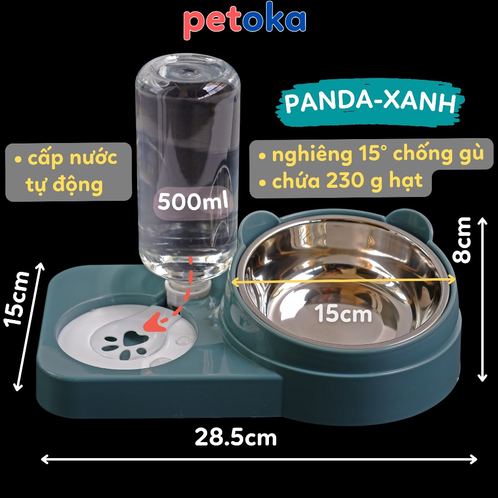 Bát ăn cho mèo chó thú cưng có bình nước tự động bát inox hai ngăn đôi hình tai mèo