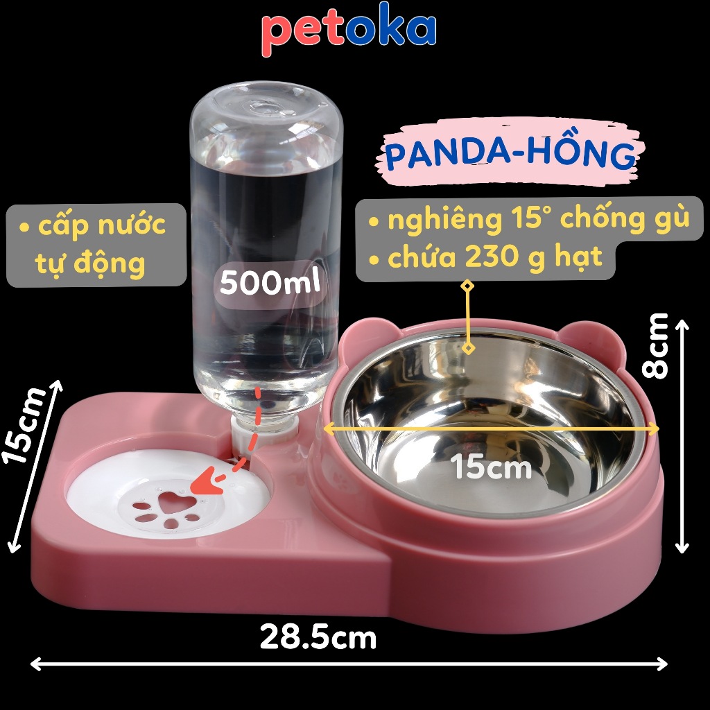 Bát ăn cho mèo chó thú cưng có bình nước tự động bát inox hai ngăn đôi hình tai mèo
