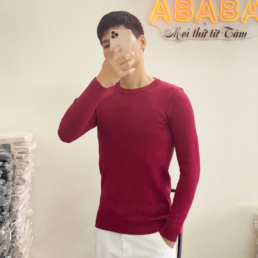 Áo len nam màu Đỏ Cổ tròn Trơn dáng Ôm body len cao cấp ABABA tronvisco-do