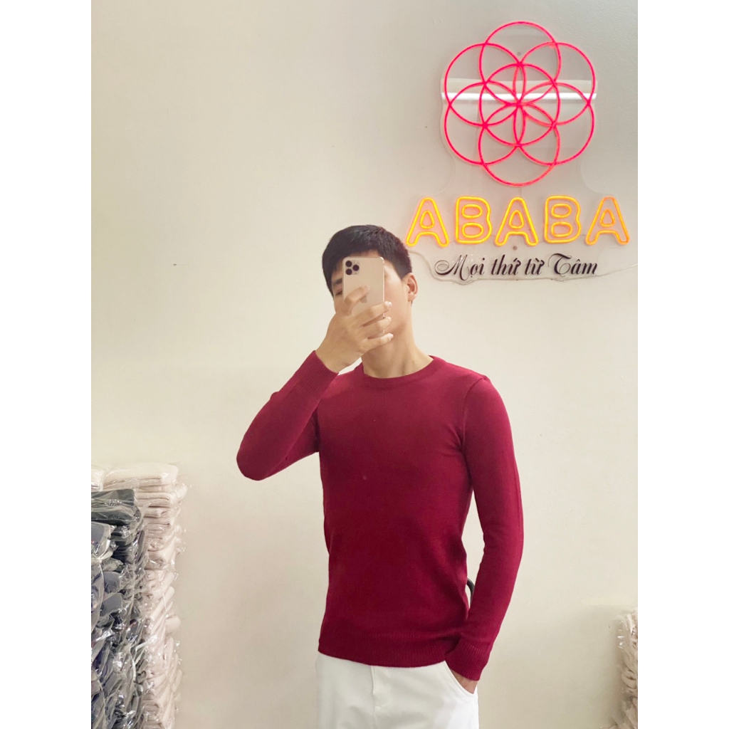Áo len nam màu Đỏ Cổ tròn Trơn dáng Ôm body len cao cấp ABABA tronvisco-do