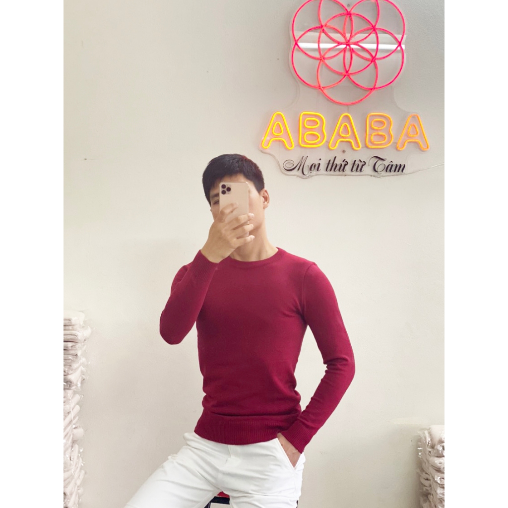Áo len nam màu Đỏ Cổ tròn Trơn dáng Ôm body len cao cấp ABABA tronvisco-do