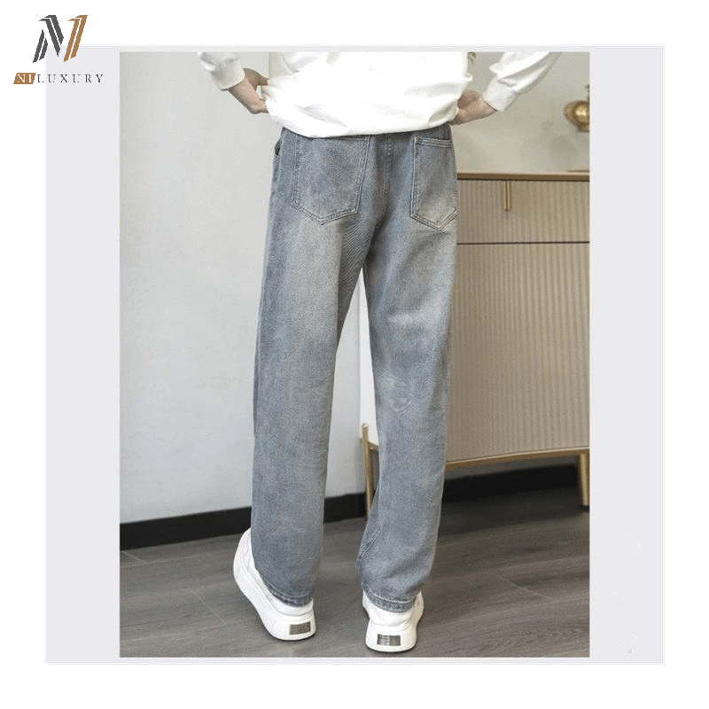 Quần jean nam retro baggy CẠP CAO LƯNG CHUN ống suông rộng N1LUXURY quần bò nam đen loang chất jeans cao cấp xu hướnCHUN