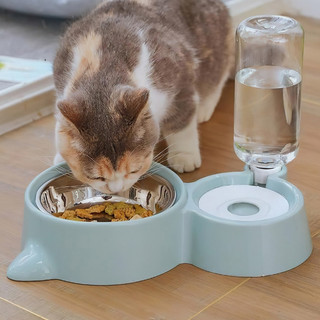 Bát ăn cho mèo chó thú cưng có bình nước tự động bát inox hai ngăn đôi hình tai mèo
