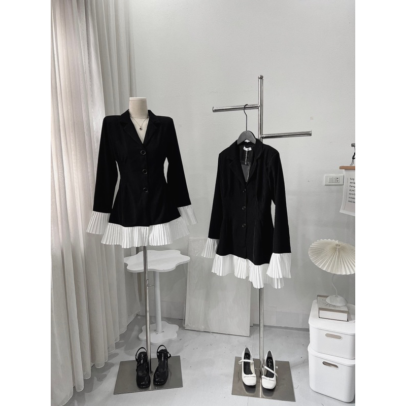 Váy Cổ vest cao cấp thiết kế chân váy xếp ly bèo trắng hàng 2lớp