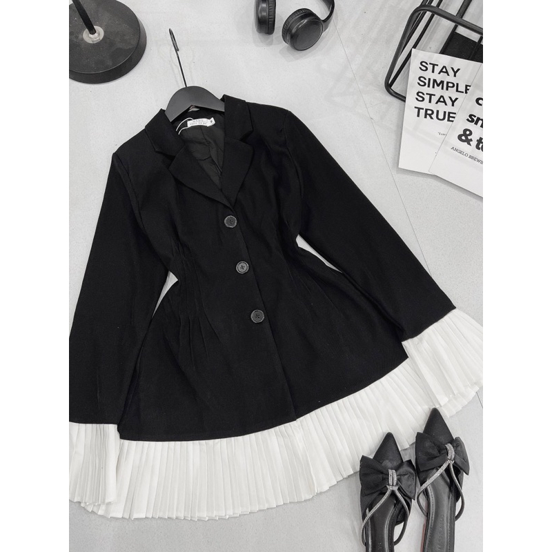 Váy Cổ vest cao cấp thiết kế chân váy xếp ly bèo trắng hàng 2lớp