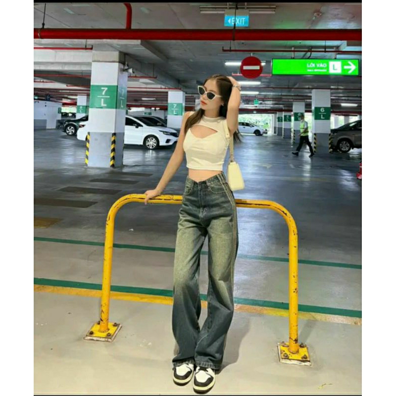 Quần jeans ống rộng lưng cao phối sơn wash màu bụi QC siêu đẹp TNGER