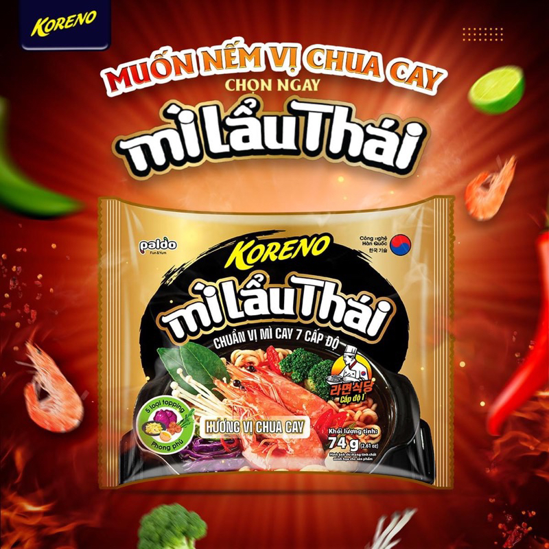 10 gói mì lẩu thái koreno chuẩn vị mì cay cấp độ 7 gói 74g