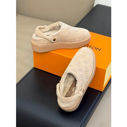 Dép nữ da lộn lót lông hoạ tiết monogram Louis Vuitton LV cao cấp