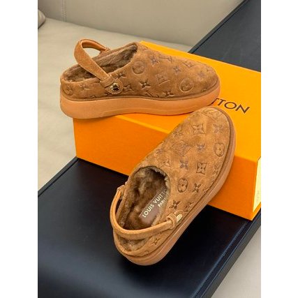 Dép nữ da lộn lót lông hoạ tiết monogram Louis Vuitton LV cao cấp
