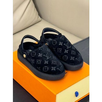 Dép nữ da lộn lót lông hoạ tiết monogram Louis Vuitton LV cao cấp