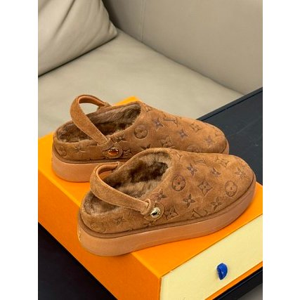 Dép nữ da lộn lót lông hoạ tiết monogram Louis Vuitton LV cao cấp