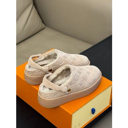 Dép nữ da lộn lót lông hoạ tiết monogram Louis Vuitton LV cao cấp