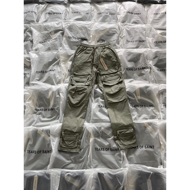 Quần Cargo - Tears of Saint - túi hộp Zipper xanh kaki newFW2023
