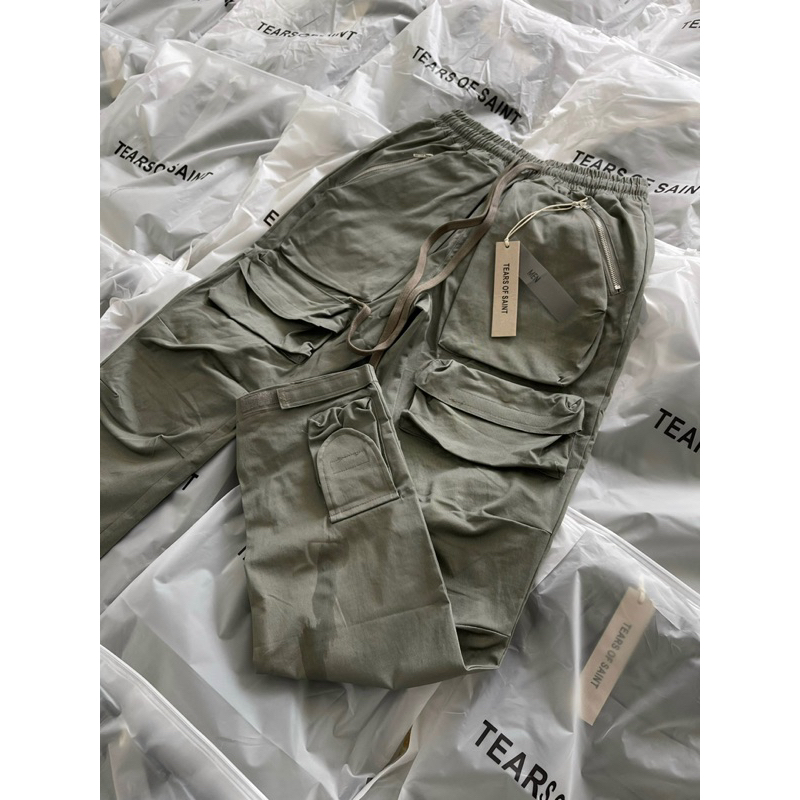 Quần Cargo - Tears of Saint - túi hộp Zipper xanh kaki newFW2023